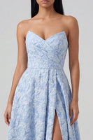 Load image into Gallery viewer, Strapless Floral A Line Blue Maxi Formal Dress with Slit