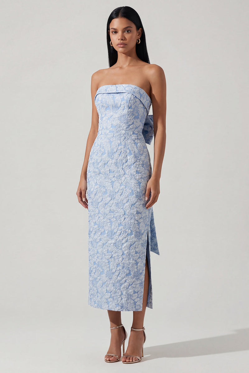 Load image into Gallery viewer, Strapless Floral Sheath Blue Maxi Formal Dress with Bow