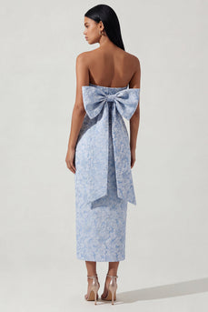 Strapless Floral Sheath Blue Maxi Formal Dress with Bow