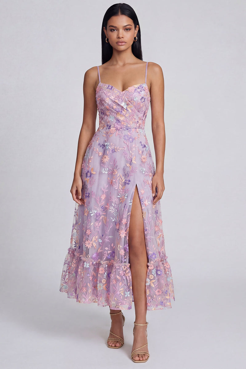Load image into Gallery viewer, Lilac Spaghetti Straps Floral A Line Maxi Formal Dress with Slit