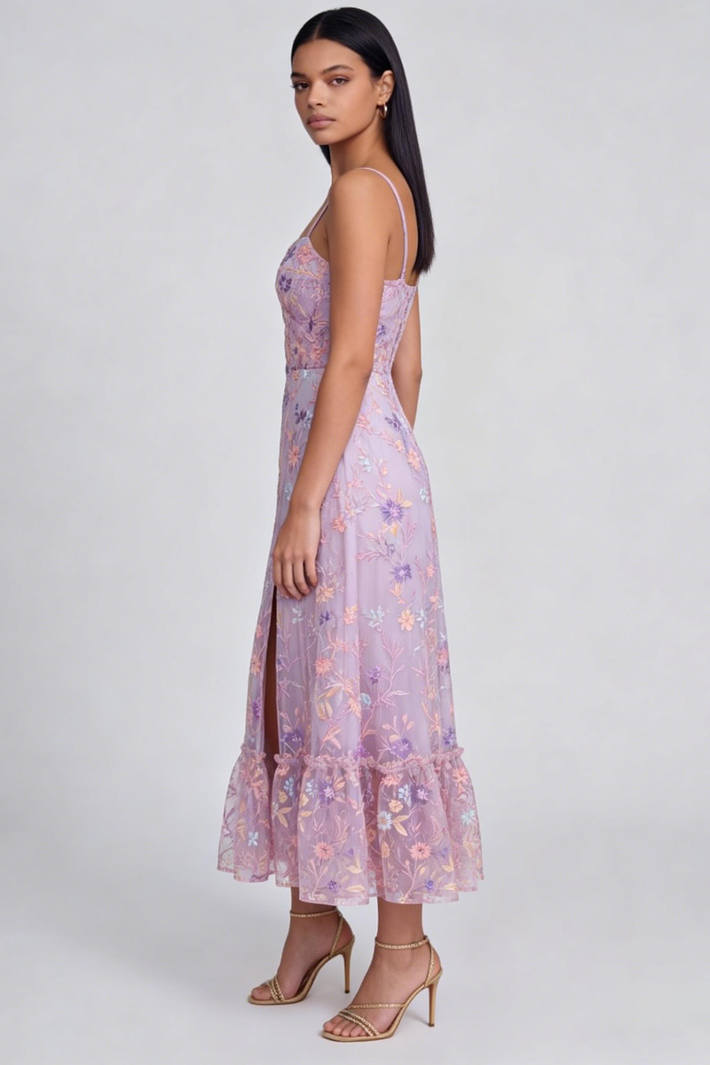 Load image into Gallery viewer, Lilac Spaghetti Straps Floral A Line Maxi Formal Dress with Slit