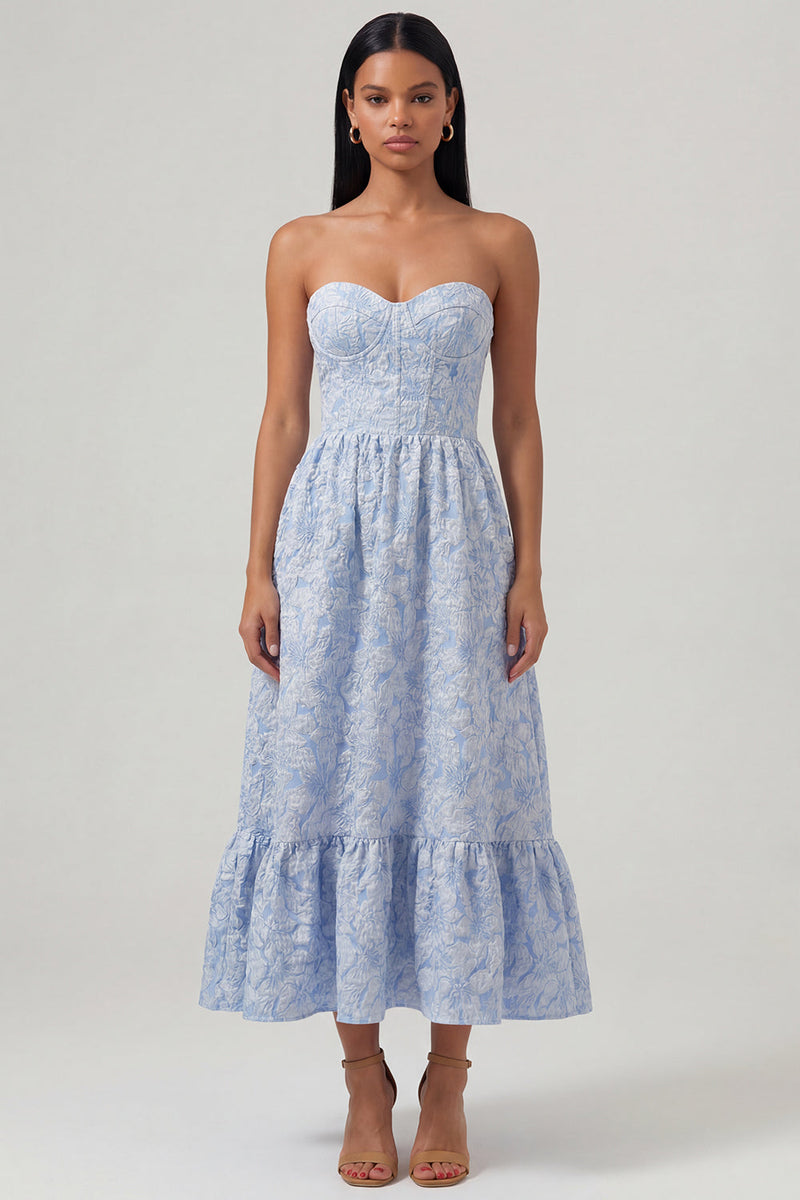Load image into Gallery viewer, Sweetheart A Line Blue Corset Floral Maxi Formal Dress with Ruffles