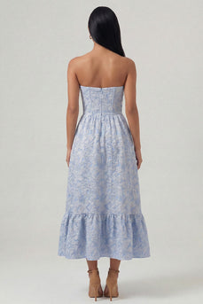 Sweetheart A Line Blue Corset Floral Maxi Formal Dress with Ruffles