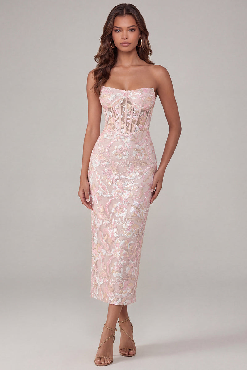 Load image into Gallery viewer, Sparkly Pink Floral Strapless Corset Lace Maxi Formal Dress