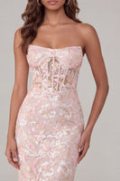 Load image into Gallery viewer, Sparkly Pink Floral Strapless Corset Lace Maxi Formal Dress