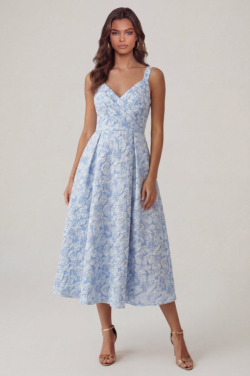 Load image into Gallery viewer, Blue Floral Thick Straps Ruched A Line Maxi Formal Dress