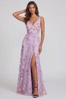 Load image into Gallery viewer, Lilac Floral Mermaid V-Neck Maxi Formal Dress with Slit