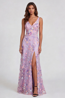 Load image into Gallery viewer, Lilac Floral Mermaid V-Neck Maxi Formal Dress with Slit