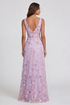 Lilac Floral Mermaid V-Neck Maxi Formal Dress with Slit