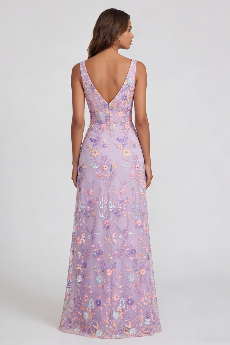 Load image into Gallery viewer, Lilac Floral Mermaid V-Neck Maxi Formal Dress with Slit