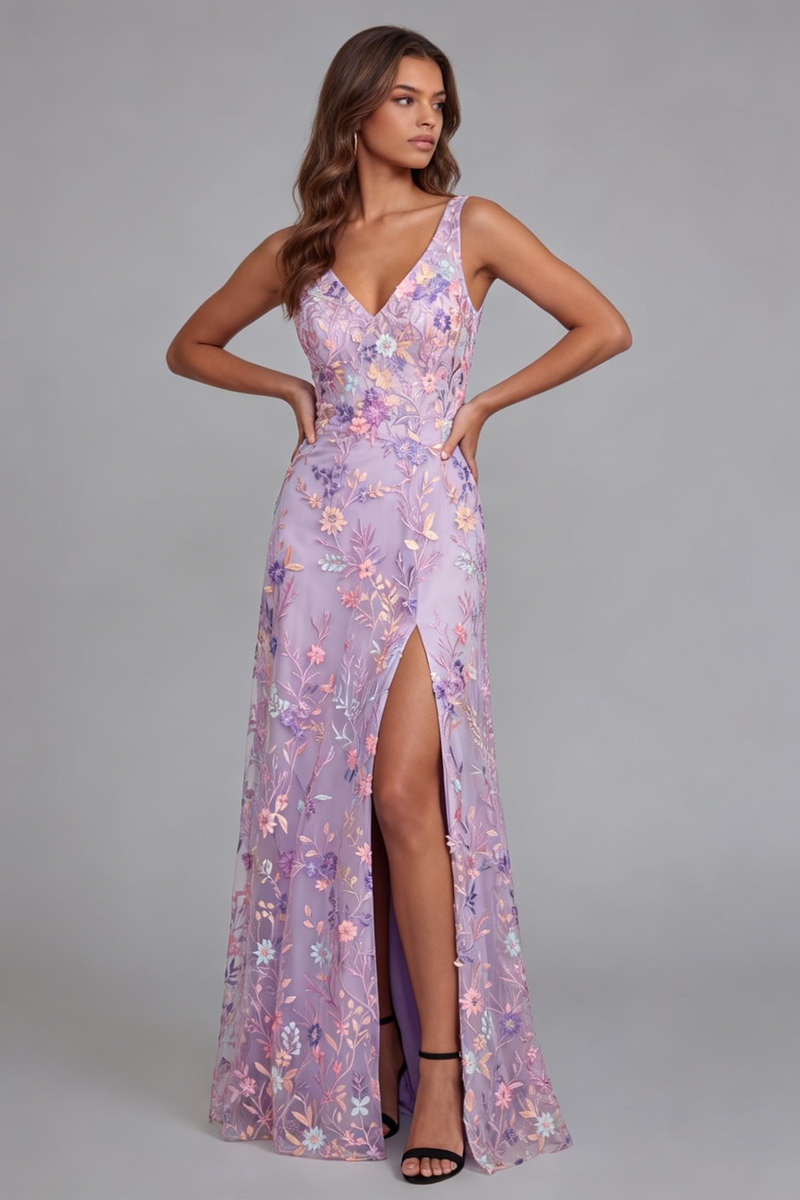 Load image into Gallery viewer, Lilac Floral Mermaid V-Neck Maxi Formal Dress with Slit