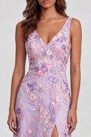 Load image into Gallery viewer, Lilac Floral Mermaid V-Neck Maxi Formal Dress with Slit