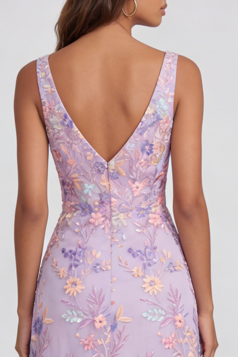 Load image into Gallery viewer, Lilac Floral Mermaid V-Neck Maxi Formal Dress with Slit