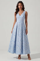 Load image into Gallery viewer, V-Neck A Line Floral Ruched Blue Maxi Formal Dress