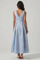 Load image into Gallery viewer, V-Neck A Line Floral Ruched Blue Maxi Formal Dress