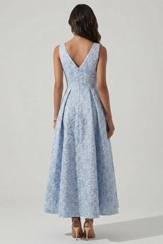 V-Neck A Line Floral Ruched Blue Maxi Formal Dress