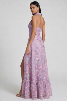 Lilac Floral Shirt Collar Ruched A Line Maxi Formal Dress with Slit