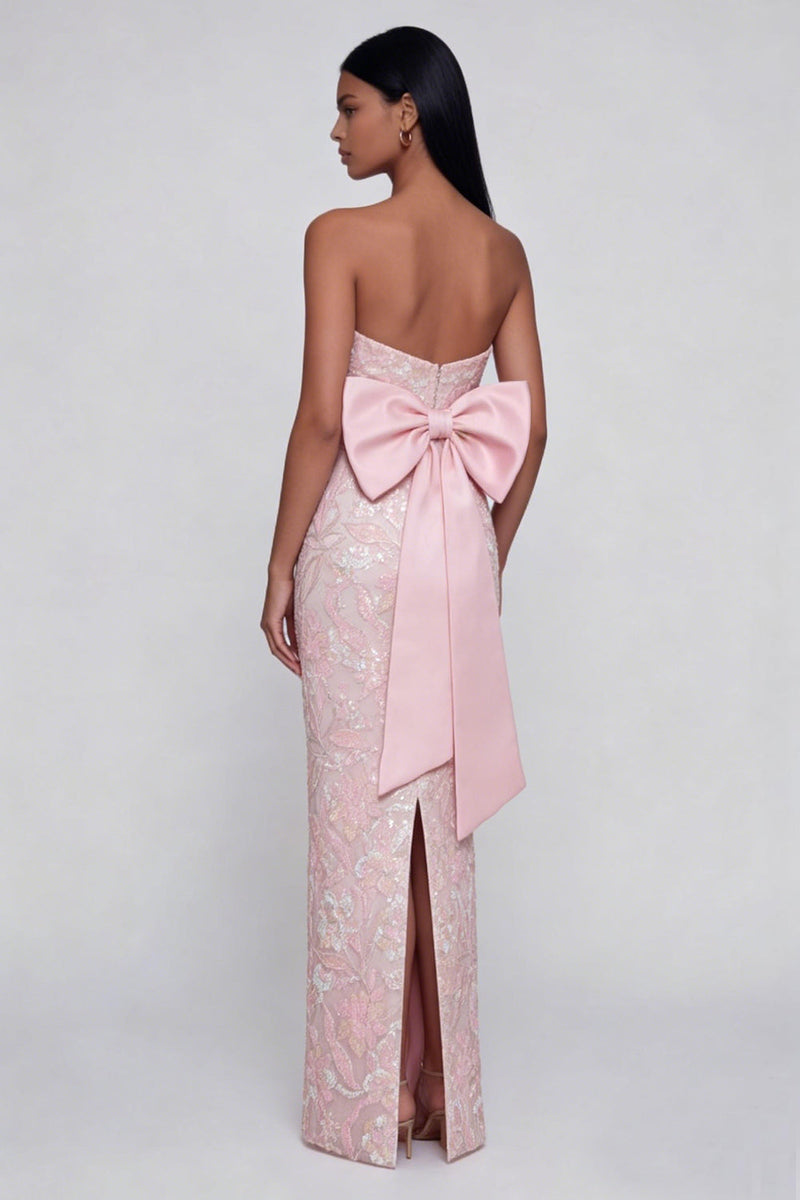 Load image into Gallery viewer, Sparkly Pink Floral Mermaid Strapless Maxi Formal Dress with Bow
