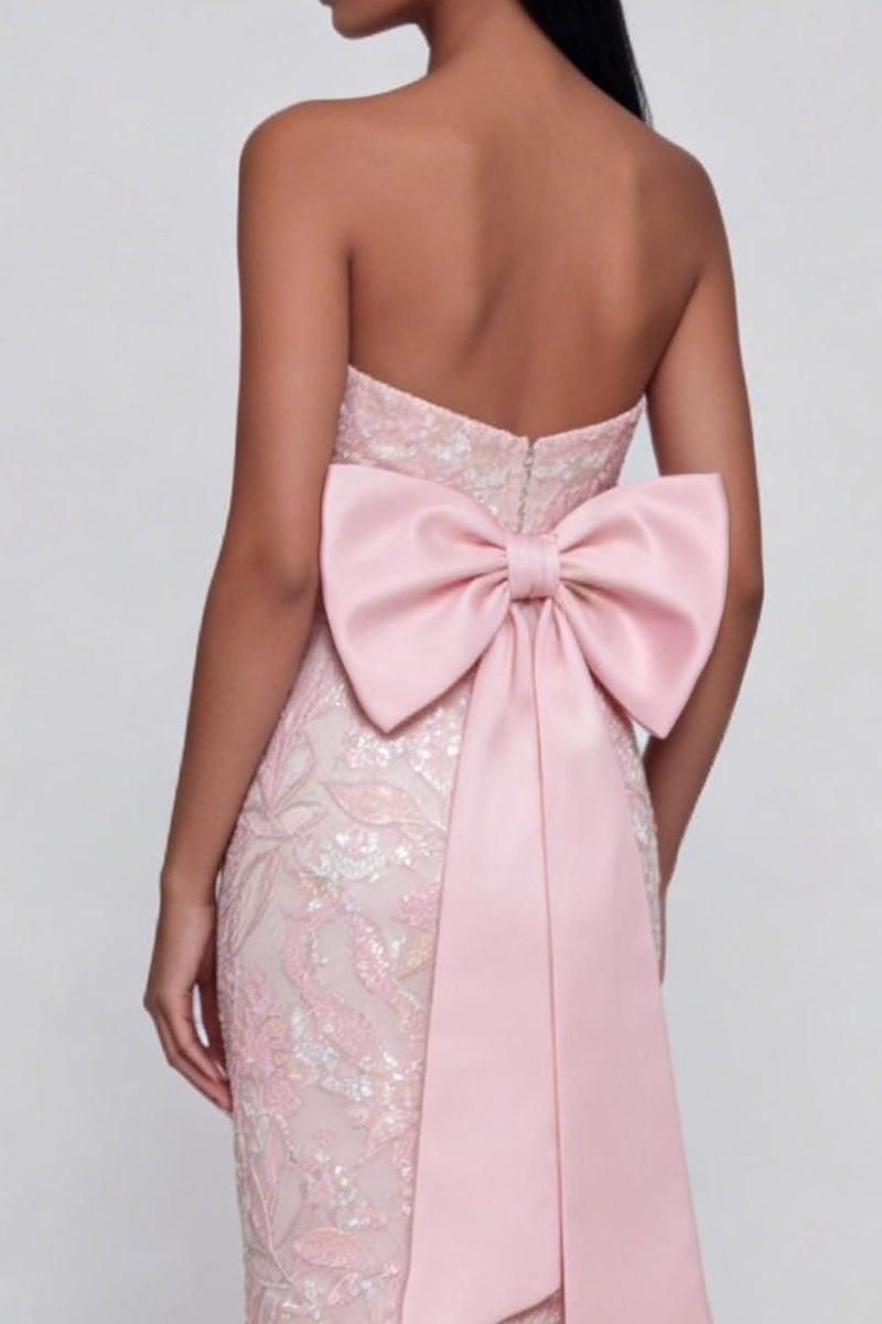 Load image into Gallery viewer, Sparkly Pink Floral Mermaid Strapless Maxi Formal Dress with Bow