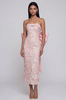 Load image into Gallery viewer, Sparkly Pink Floral Lace Strapless Maxi Formal Dress with Bow