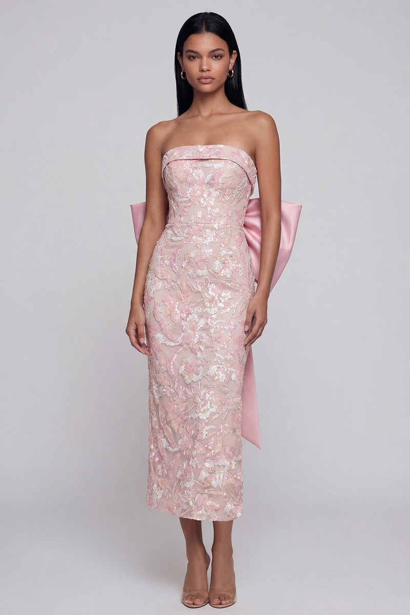 Load image into Gallery viewer, Sparkly Pink Floral Lace Strapless Maxi Formal Dress with Bow