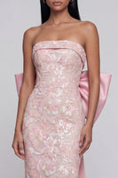 Load image into Gallery viewer, Sparkly Pink Floral Lace Strapless Maxi Formal Dress with Bow
