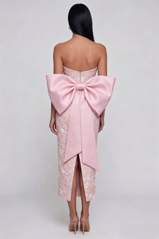 Sparkly Pink Floral Lace Strapless Maxi Formal Dress with Bow