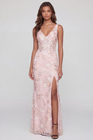 Load image into Gallery viewer, Pink Floral Mermaid V-Neck Long Formal Dress with Slit