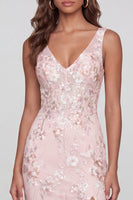 Load image into Gallery viewer, Pink Floral Mermaid V-Neck Long Formal Dress with Slit