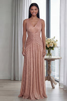 Load image into Gallery viewer, Glitter Dusty Rose Sheath V-Neck Pleated Long Formal Dress