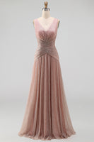 Load image into Gallery viewer, Glitter Dusty Rose Sheath V-Neck Pleated Long Formal Dress