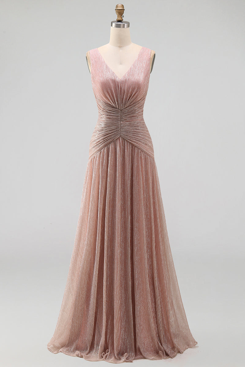 Load image into Gallery viewer, Glitter Dusty Rose Sheath V-Neck Pleated Long Formal Dress