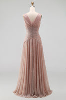 Load image into Gallery viewer, Glitter Dusty Rose Sheath V-Neck Pleated Long Formal Dress