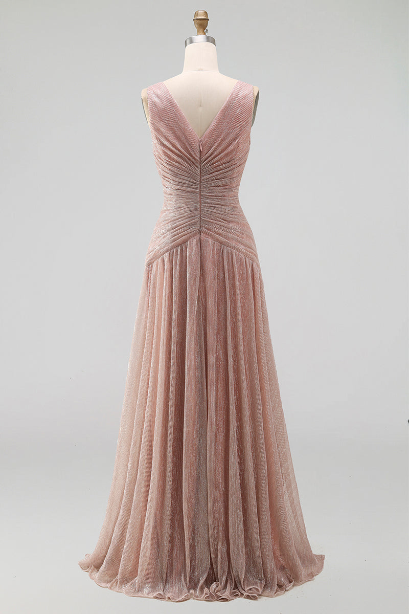 Load image into Gallery viewer, Glitter Dusty Rose Sheath V-Neck Pleated Long Formal Dress