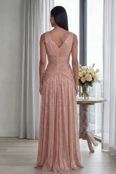 Glitter Dusty Rose Sheath V-Neck Pleated Long Formal Dress