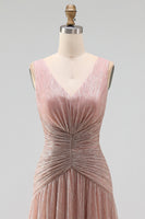 Load image into Gallery viewer, Glitter Dusty Rose Sheath V-Neck Pleated Long Formal Dress