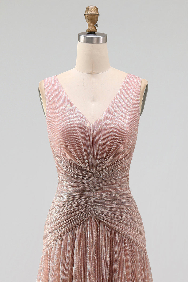 Load image into Gallery viewer, Glitter Dusty Rose Sheath V-Neck Pleated Long Formal Dress