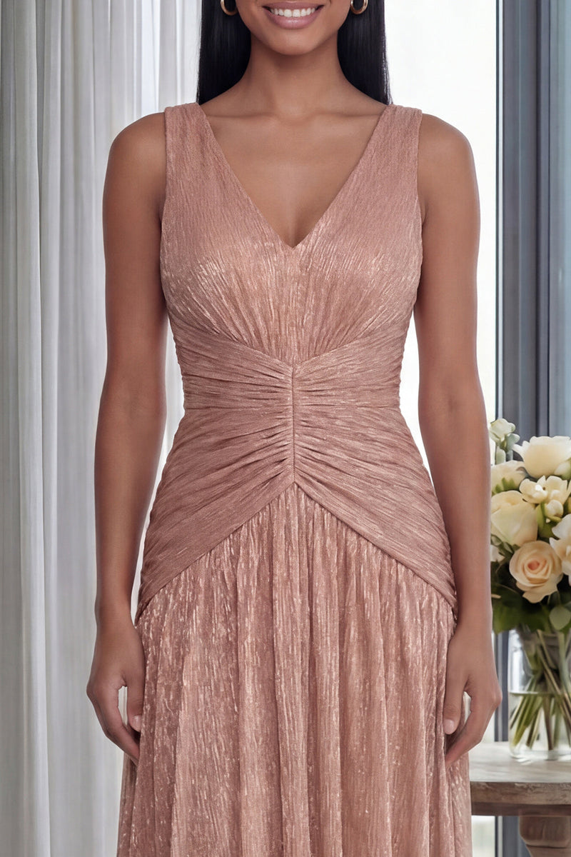 Load image into Gallery viewer, Glitter Dusty Rose Sheath V-Neck Pleated Long Formal Dress