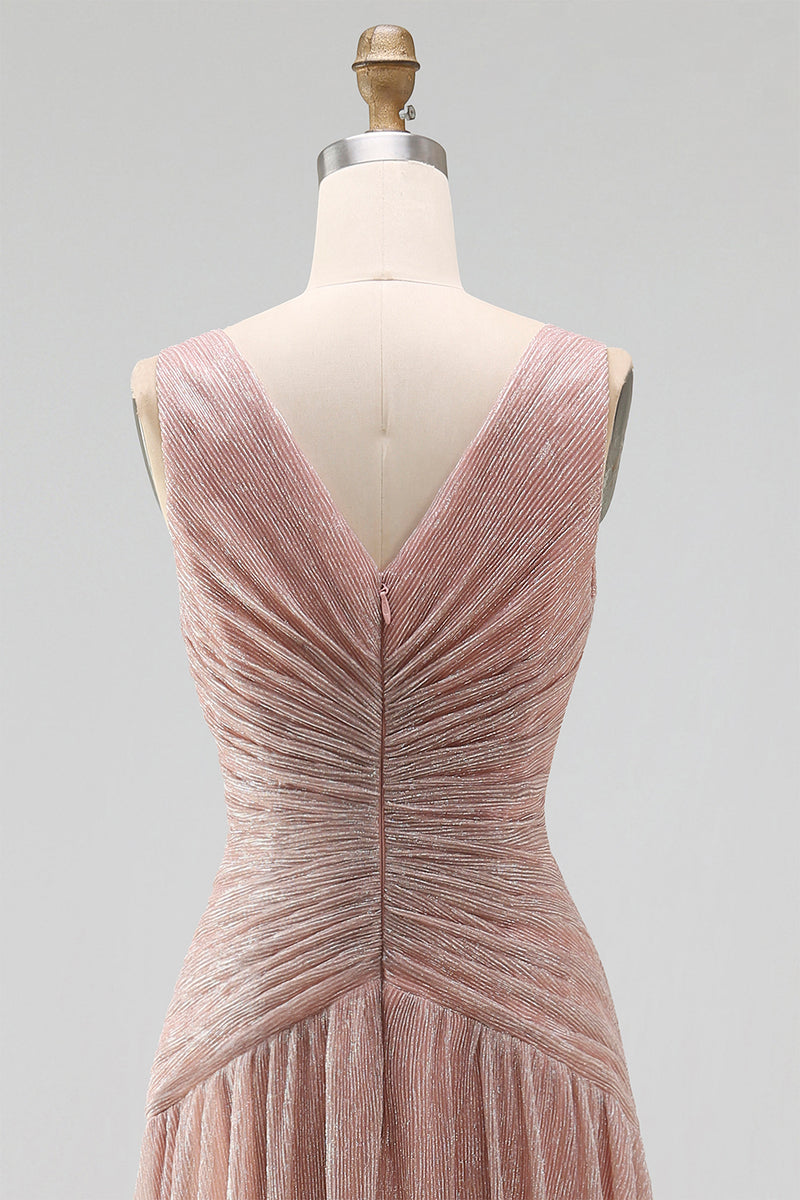 Load image into Gallery viewer, Glitter Dusty Rose Sheath V-Neck Pleated Long Formal Dress