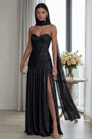 Load image into Gallery viewer, Dusty Sage Glitter Sweetheart Neck Scarf Long Formal Dress with Slit