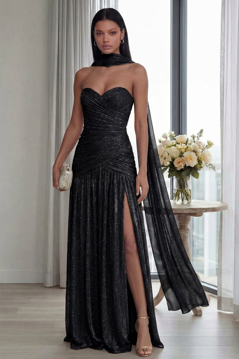 Load image into Gallery viewer, Dusty Sage Glitter Sweetheart Neck Scarf Long Formal Dress with Slit