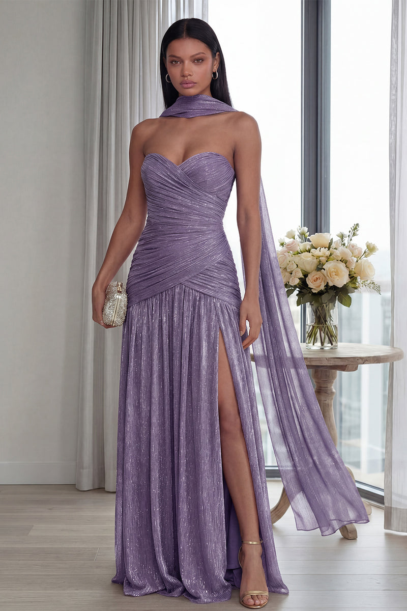 Load image into Gallery viewer, Dusty Sage Glitter Sweetheart Neck Scarf Long Formal Dress with Slit