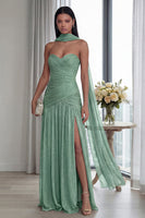 Load image into Gallery viewer, Dusty Sage Glitter Sweetheart Neck Scarf Long Formal Dress with Slit