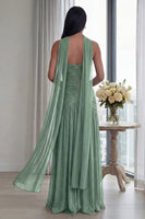 Load image into Gallery viewer, Dusty Sage Glitter Sweetheart Neck Scarf Long Formal Dress with Slit