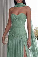 Load image into Gallery viewer, Dusty Sage Glitter Sweetheart Neck Scarf Long Formal Dress with Slit