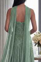 Load image into Gallery viewer, Dusty Sage Glitter Sweetheart Neck Scarf Long Formal Dress with Slit