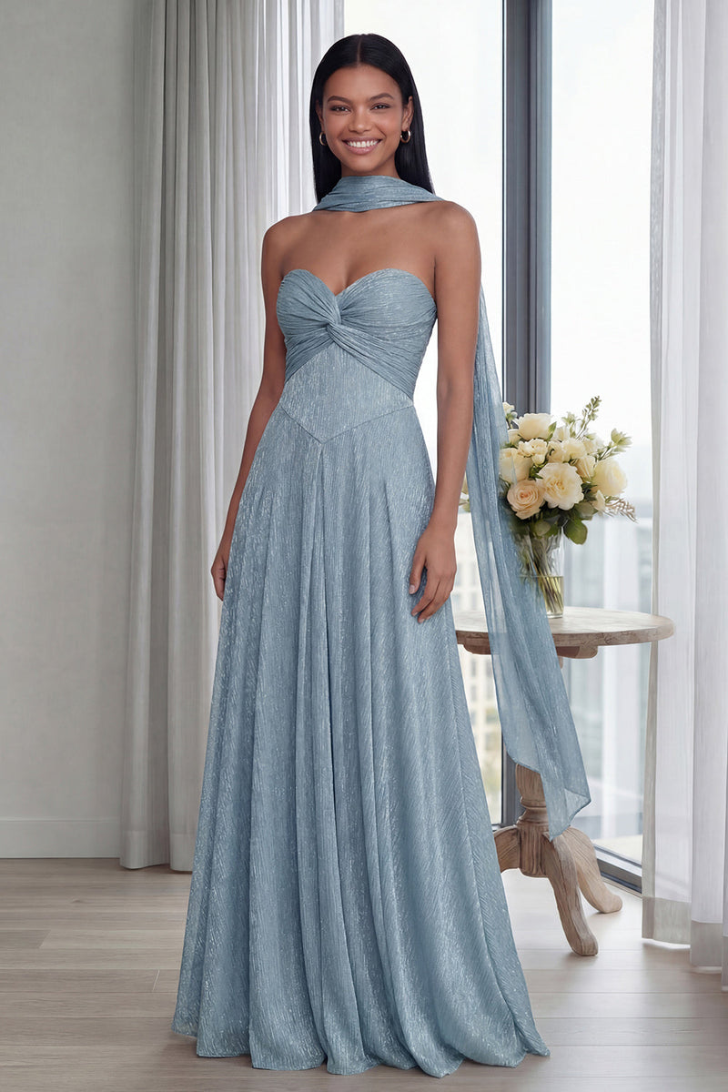 Load image into Gallery viewer, Glitter Sky Blue Sweetheart A Line Neck Scarf Long Formal Dress