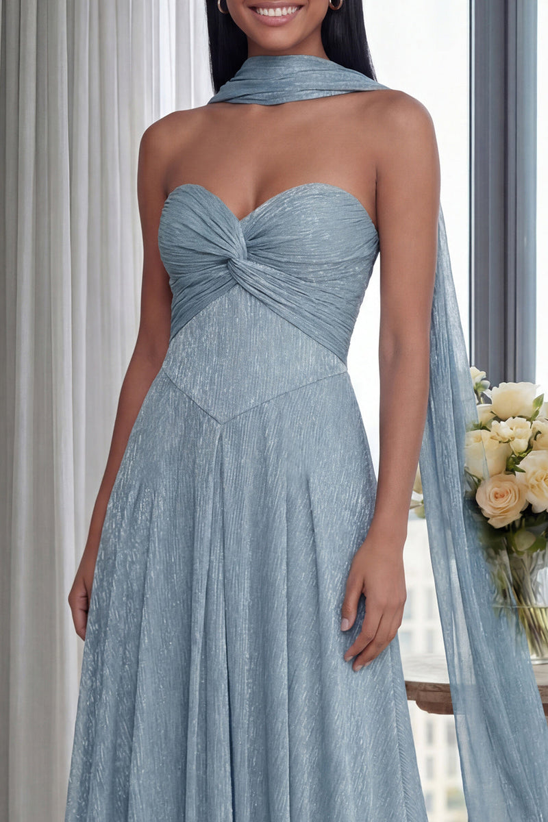 Load image into Gallery viewer, Glitter Sky Blue Sweetheart A Line Neck Scarf Long Formal Dress