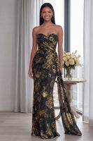 Load image into Gallery viewer, Black Sweetheart Ruched Mermaid Long Formal Dress with Streamer