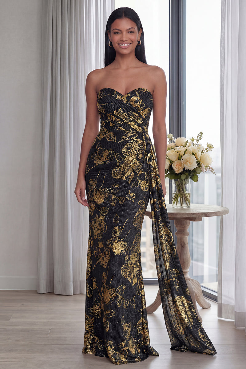 Load image into Gallery viewer, Black Sweetheart Ruched Mermaid Long Formal Dress with Streamer